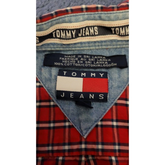 Vintage Tommy Jeans Mens Large Button Down Shirt Red Plaid short sleeve 4 Logo - Picture 7 of 9